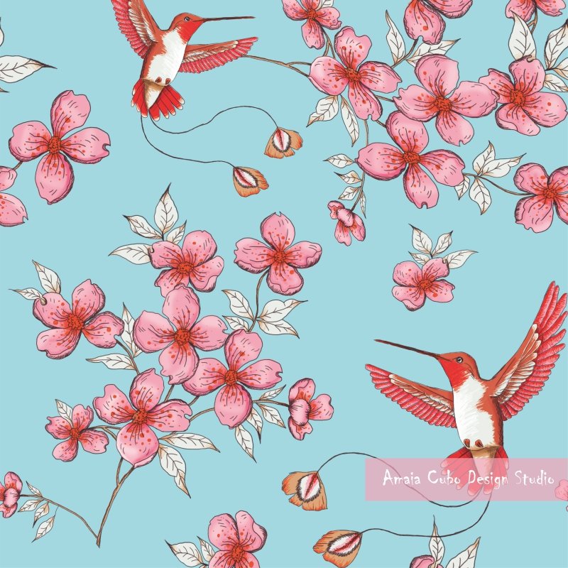 Estampado digital de flores y aves - Amaia Cubo Design Studio